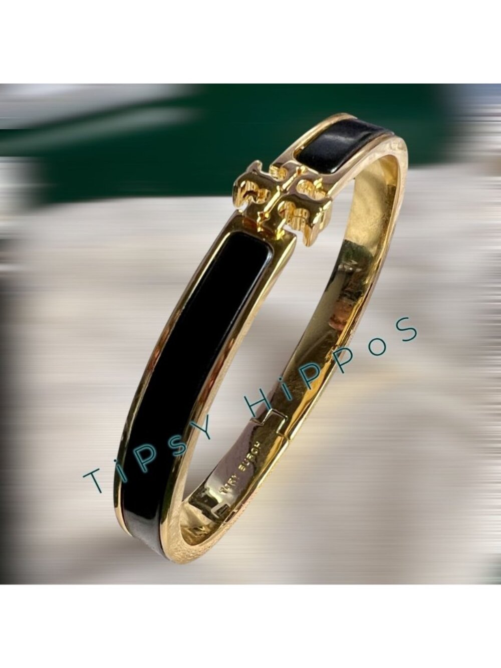 NEW!!  TORY BURCH BLACK AND GOLD KIRA BANGLE BRACELET - Picture 7 of 7